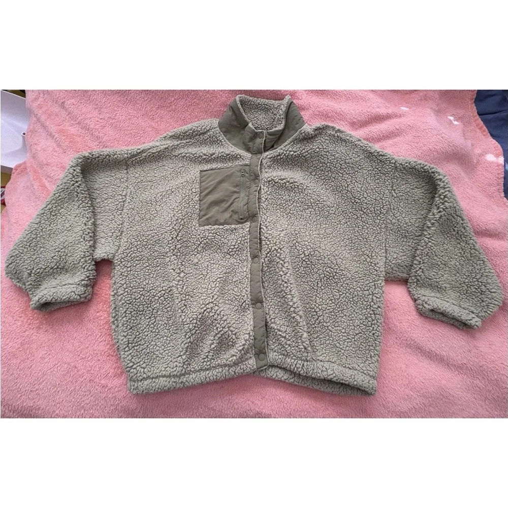 Gently Worn Pacsun Oversized Medium Olive Green Snap Up Sherpa Jacket - Picture 5 of 12